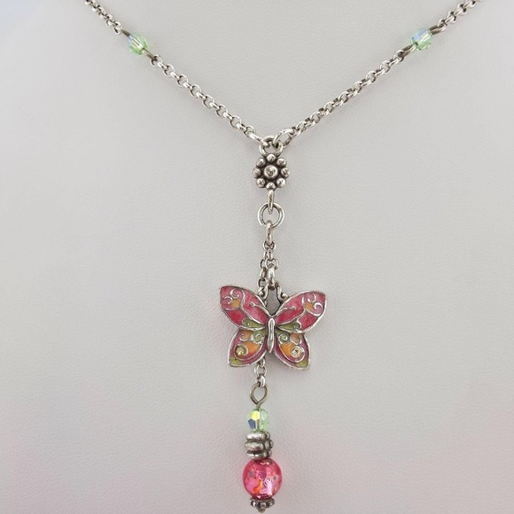 Brighton Jewelry - BRIGHTON Flutter Y Necklace Butterfly Pink Green Crystal Enamel Silver Plate 19"